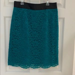 Teal skirt, embroidered lace, lined shirt